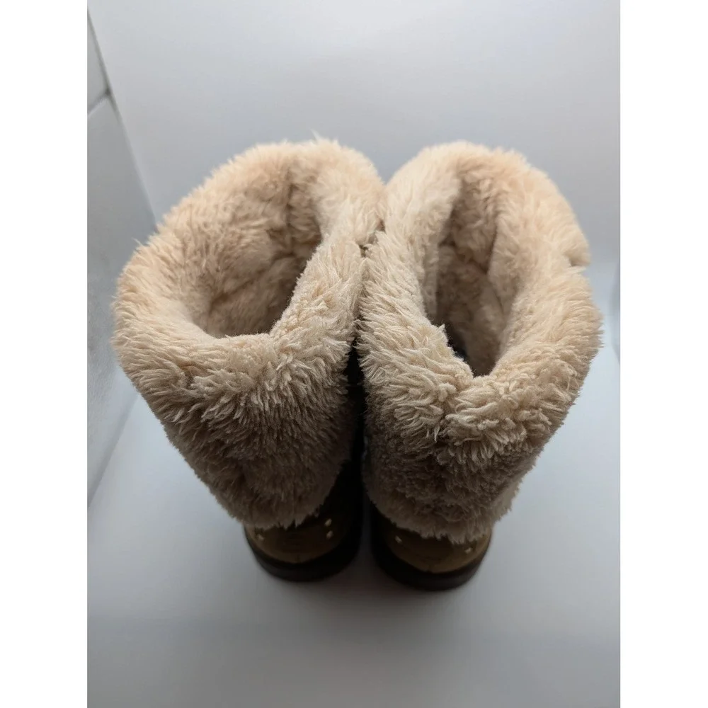 G by Guess‎ Aussie Chestnut Faux Suede Shearling Cuff Boots Womens 7M Rhinestone